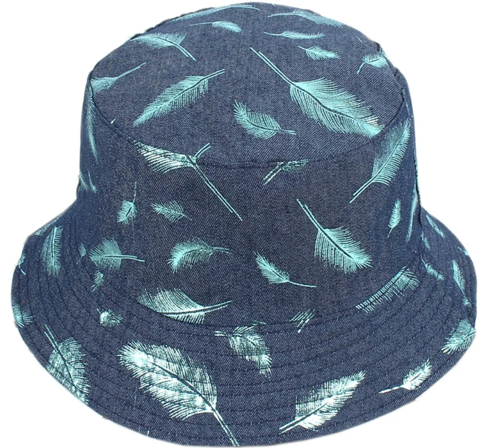 Fashion Reversable All Over Shining Glint Gold Silver Foil Feather Print Cotton Denim Fishing Bucket Hat Cap