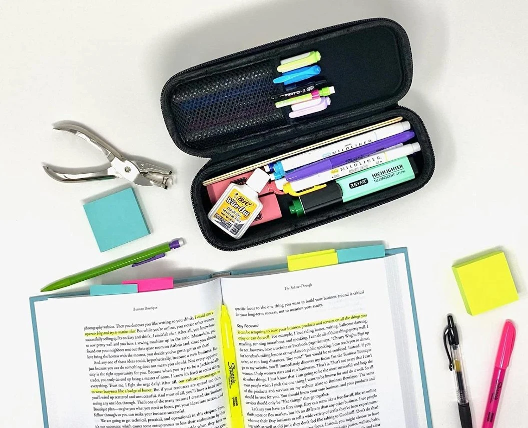 Large Capacity Pencil Pen Case Slim Zippered Hard EVA Case with Mesh Pocket Holds up to 50 Pens Storage Bag
