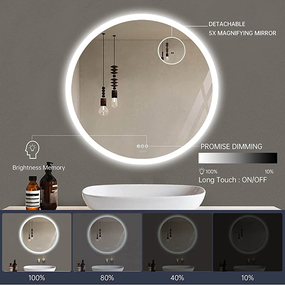 LED Bathroom Vanity Mirror for Wall - 28&rdquor; X 28&rdquor; Round Stylish Smart Memory LED Bathroom Mirror, Anti-Fog Touch Switch Smart Makeup Vanity Mirror