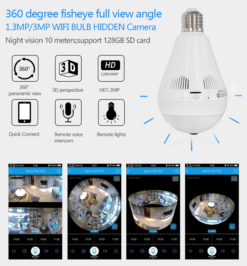 Mini Fisheye Bulb 360 Degrees Home Security Light WiFi IP Panoramic Camera