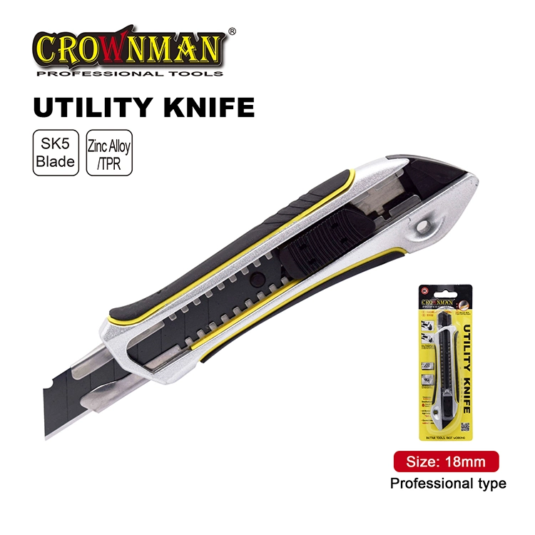 Crownman Cutting Tool, 18mm Zinc Alloy Heavy Duty Utility Cutter Knife with Sk5 Black Blade and Stainless Steel Sheath