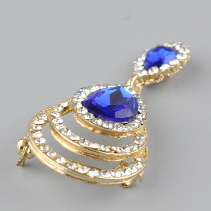 Wholesale New Design Gold Plating Water Drop Blue and Crystal Brooches with Pin