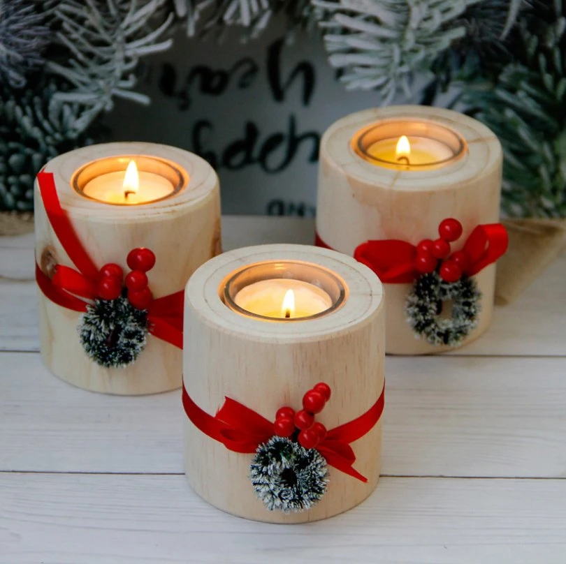 Artículos de decoración de Navidad Artesanía hecha a mano Regalo vela ligera de té de madera Soporte Portavelas de madera natural