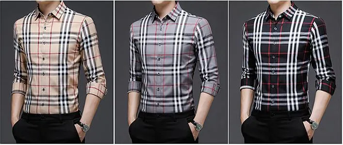 2023 New Men's Apparel Casual Plaid Lapel Men's Long Sleeve Shirt