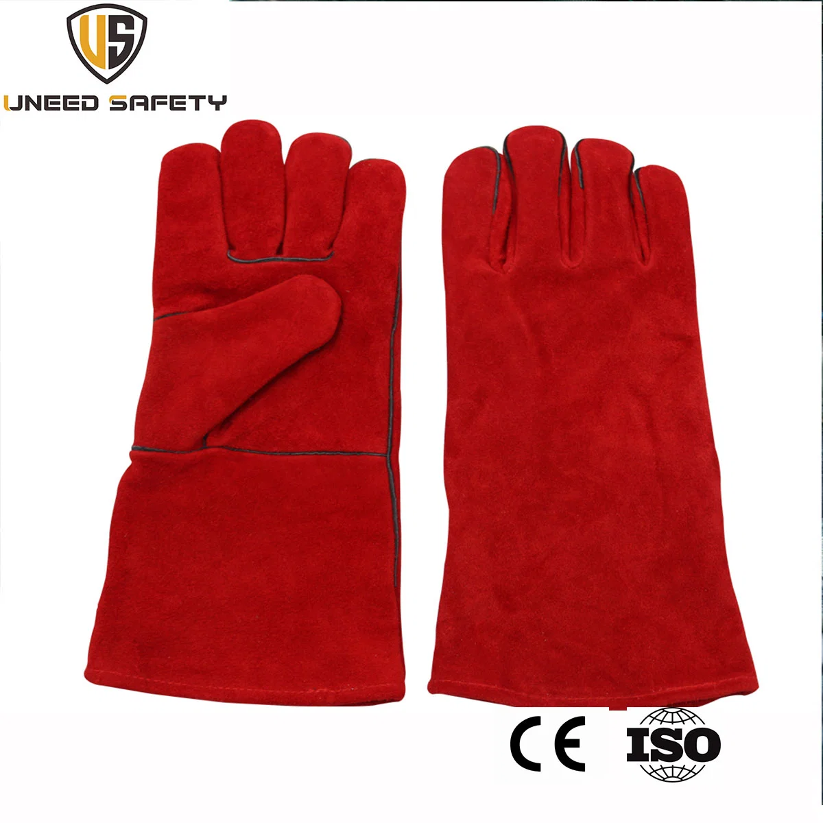 Welding Work Full Lining Cow Split Leather Red Long Fire Hand Protective Glove