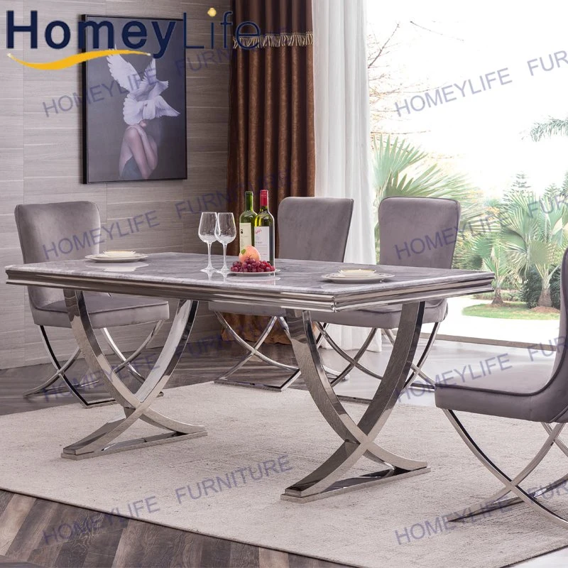 Contemporary Furniture Double Cross Stainless Steel Base Marble Top Dining Table