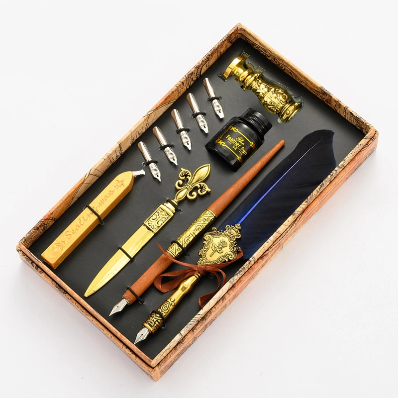 Premium Vintage Gold Pen Pole Feather DIP Pen Set with Ink 5 Nib Gift Set