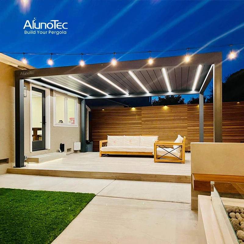 AlunoTec Fabrik DIY Schattierung Outdoor-Living Space Patio Cover Canopy Automatische Markise Moderne Metall Gazebo Motorisierte Aluminium Pergola mit LED Leuchten