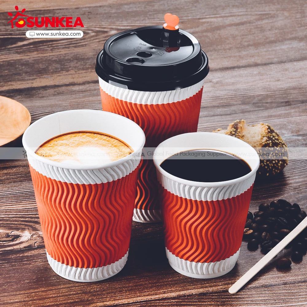 Custom Printing Disposable Takeout Hot Coffee Tea Beverage Drinks 3 Layer Ripple Wave Wall Paper Cup