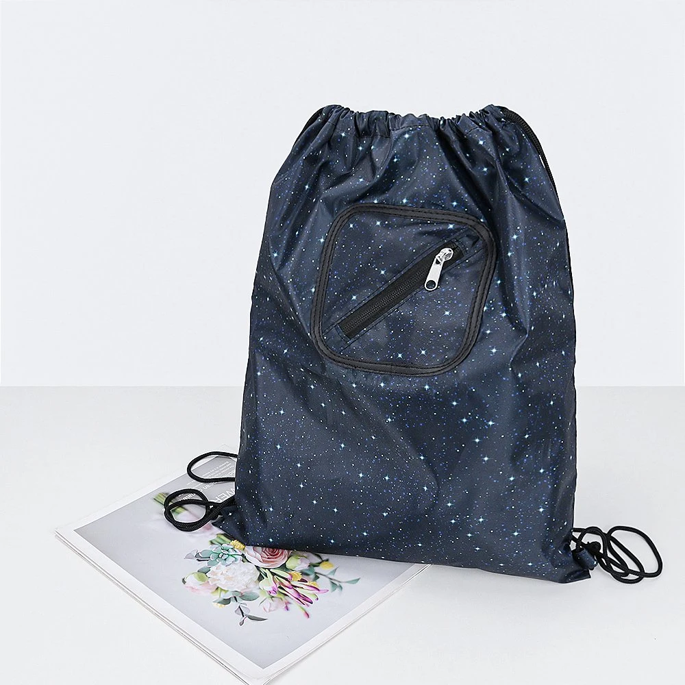 Custom Print Foldable RPET Polyester Drawstring Backpack Bag with Zipper Pocket