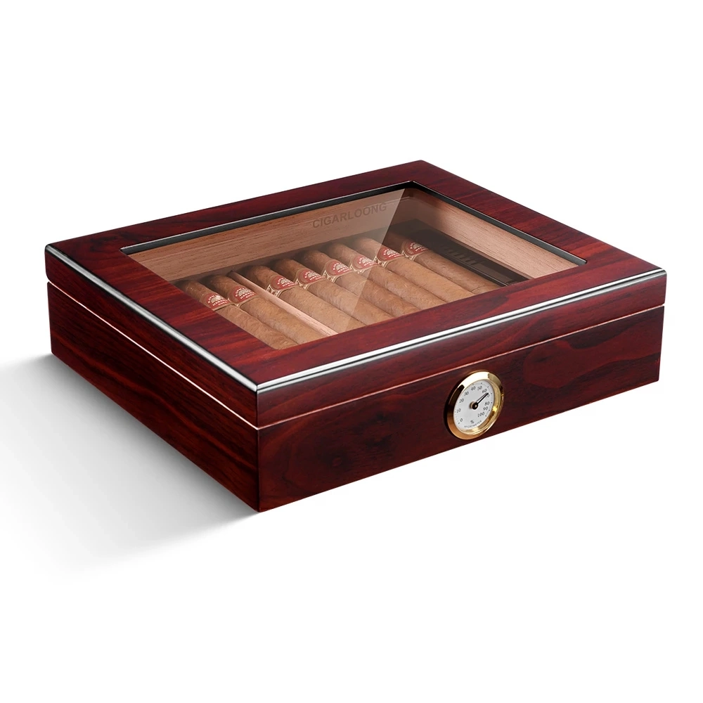 Boîte d'humidificateur de cigare Bois de cèdre avec humidificateur pour Cohiba Cigar Étui de voyage portable boîte à cigares avec hygromètre en métal Fit 35pcscigar