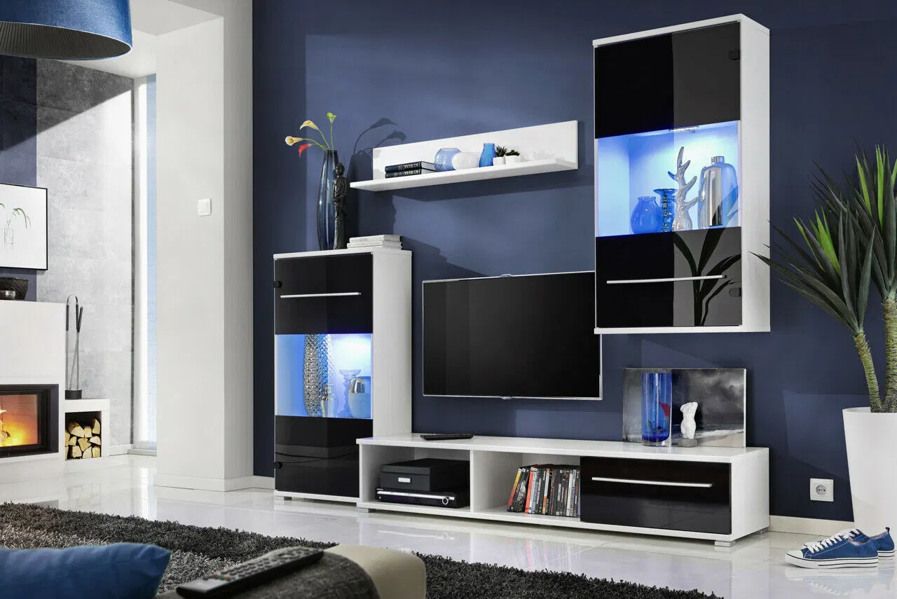 MDF/Chipboard Living Room Furniture Set Black Gloss Entertainment Unit TV Stand Cabinets with LED Light
