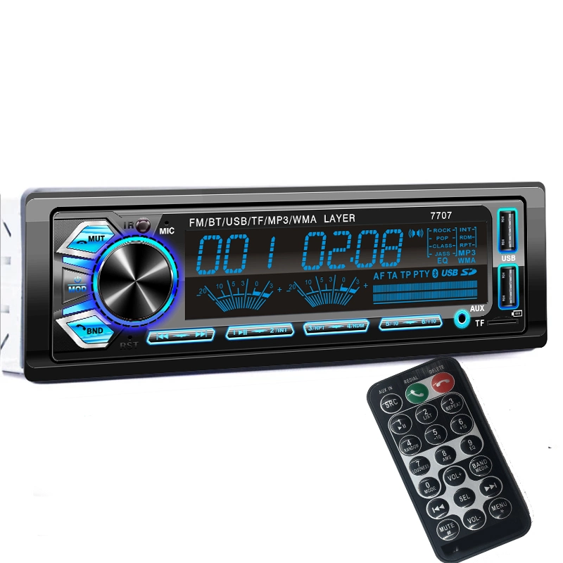 Áudio para automóvel 1DIN com Bt FM EQ 2 USB MP3 Suporte para leitor de rádio FM com telecomando
