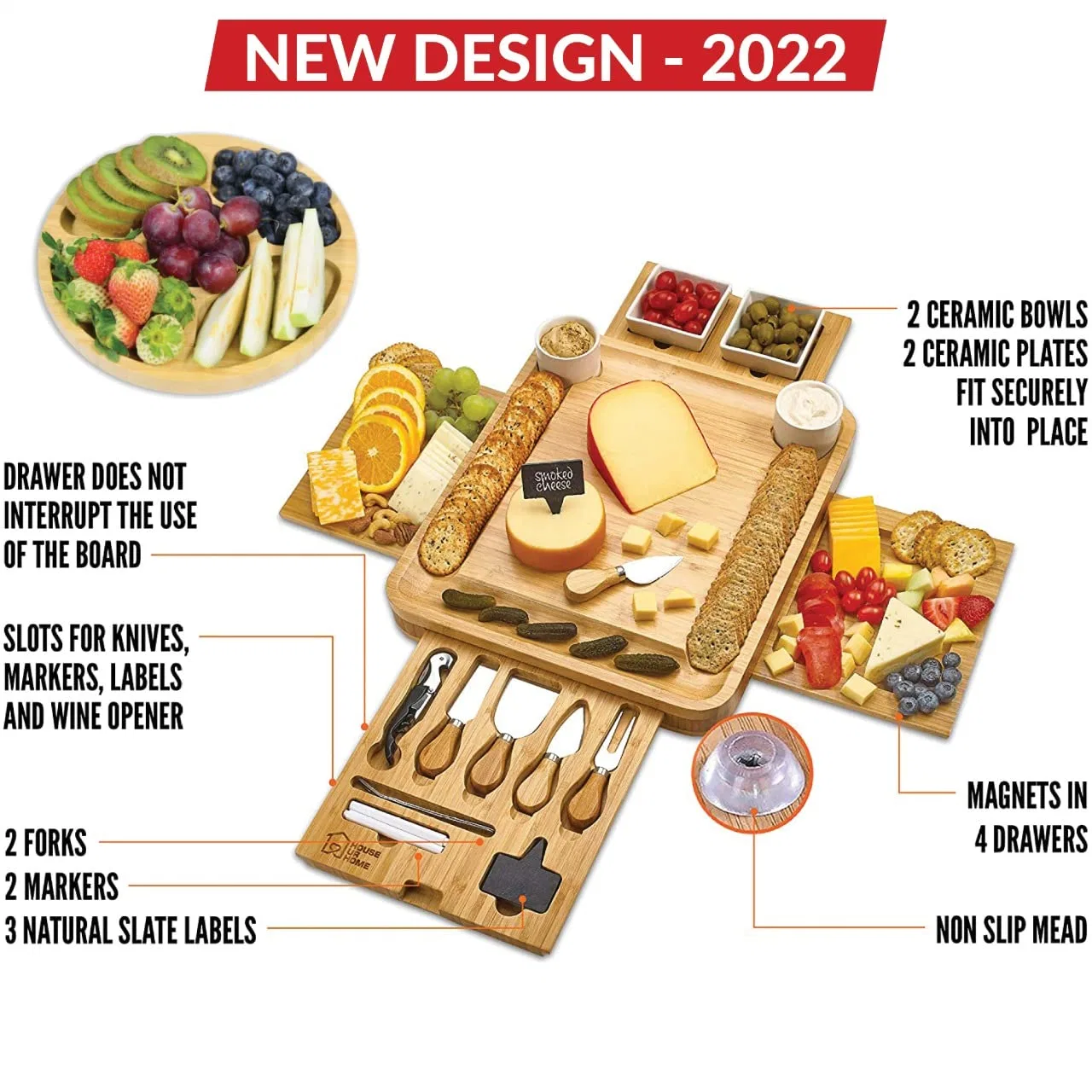 Cheese Board 2 Ceramic Bowls 2 Serving Plates. Magnetic 4 Drawers Bamboo Charcuterie Cutlery Knife Set, 2 Server Forks, Wine Opener, Labels, Markers, GIF