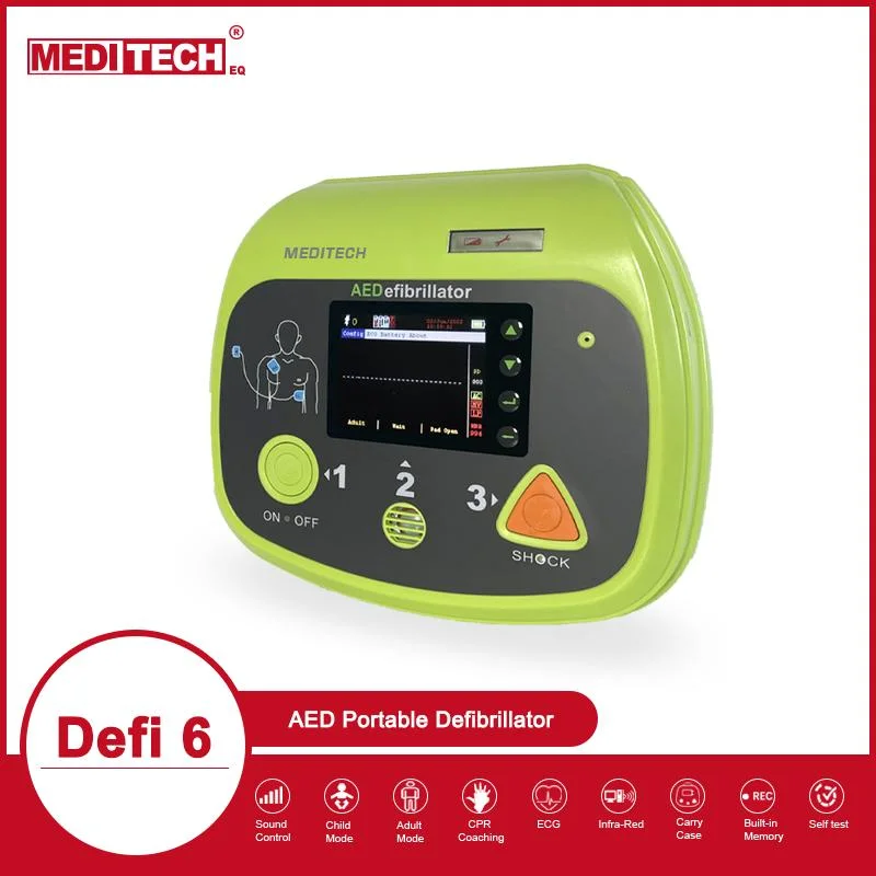 Meditech defi6 Desfibrilador externo automático disponible en muchos idiomas, la DEA portátil que puede ser equipado en su casa en lugares públicos o en los hospitales.