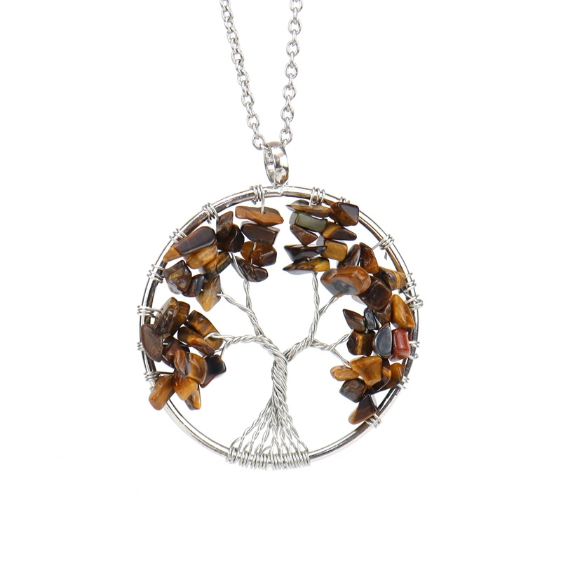 Semi Precious Stone Gemstone Chips Beads Weaving Life Tree Pendant Necklace