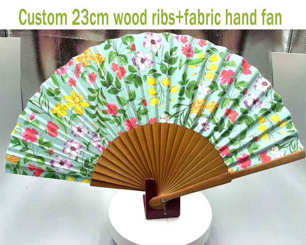 Custom Print Silk Hand Folding Fan Wooden Ribs Satin Fabric Fan Foldable Wood Hand Fan