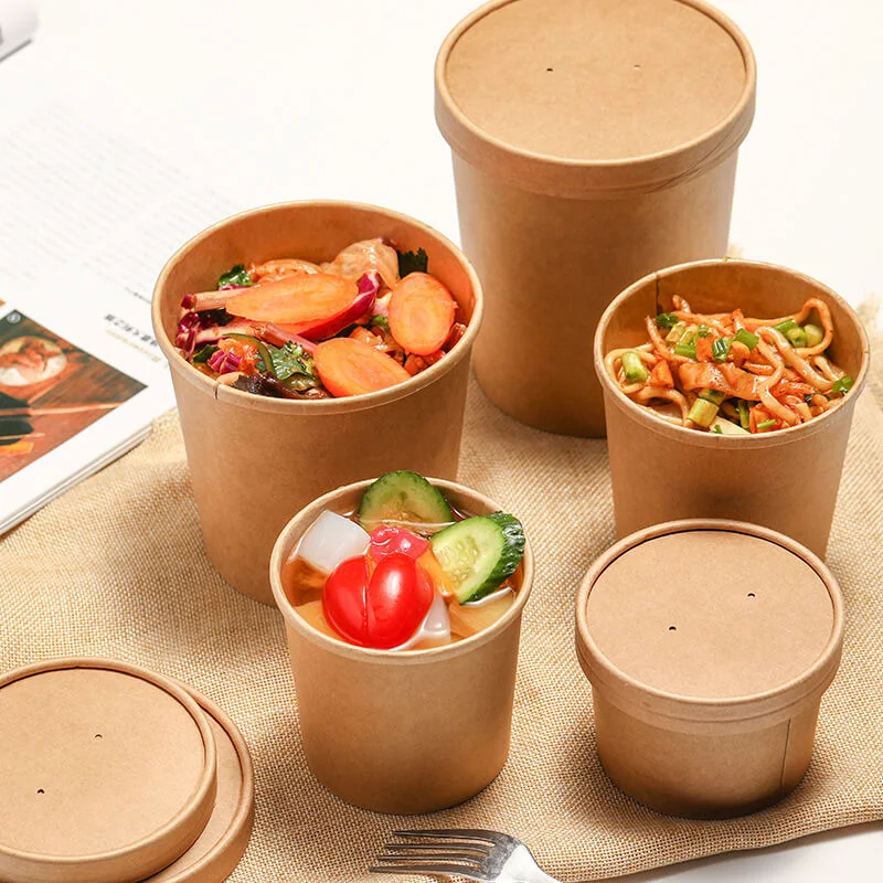 Saque los cuencos de sopa de papel Kraft Salad Bowl con tapas