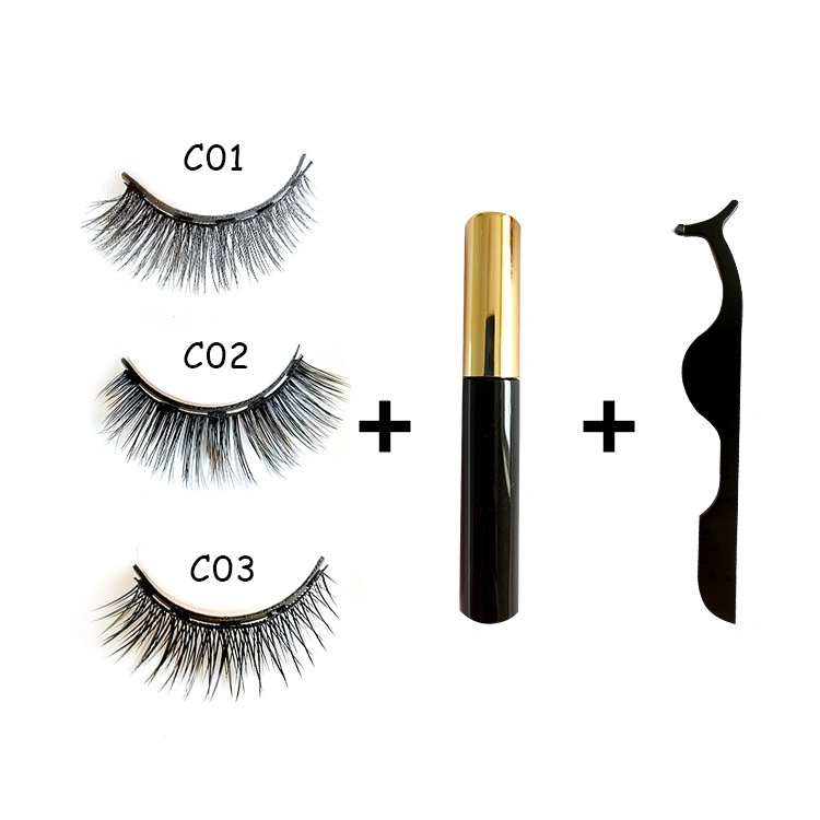 Private Label Wholesale Cruelty Free Biodegradable Fibres 3 Pairs Adhesive Eyeliner Tweezer Magnetic Eyelash Set