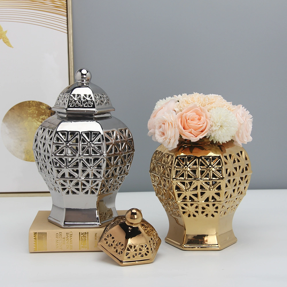 J139 New Design Porcelain Jar Flower Pot Home Decoration Handicraft Hollow out Ceramic Silver Vase for Home Decor