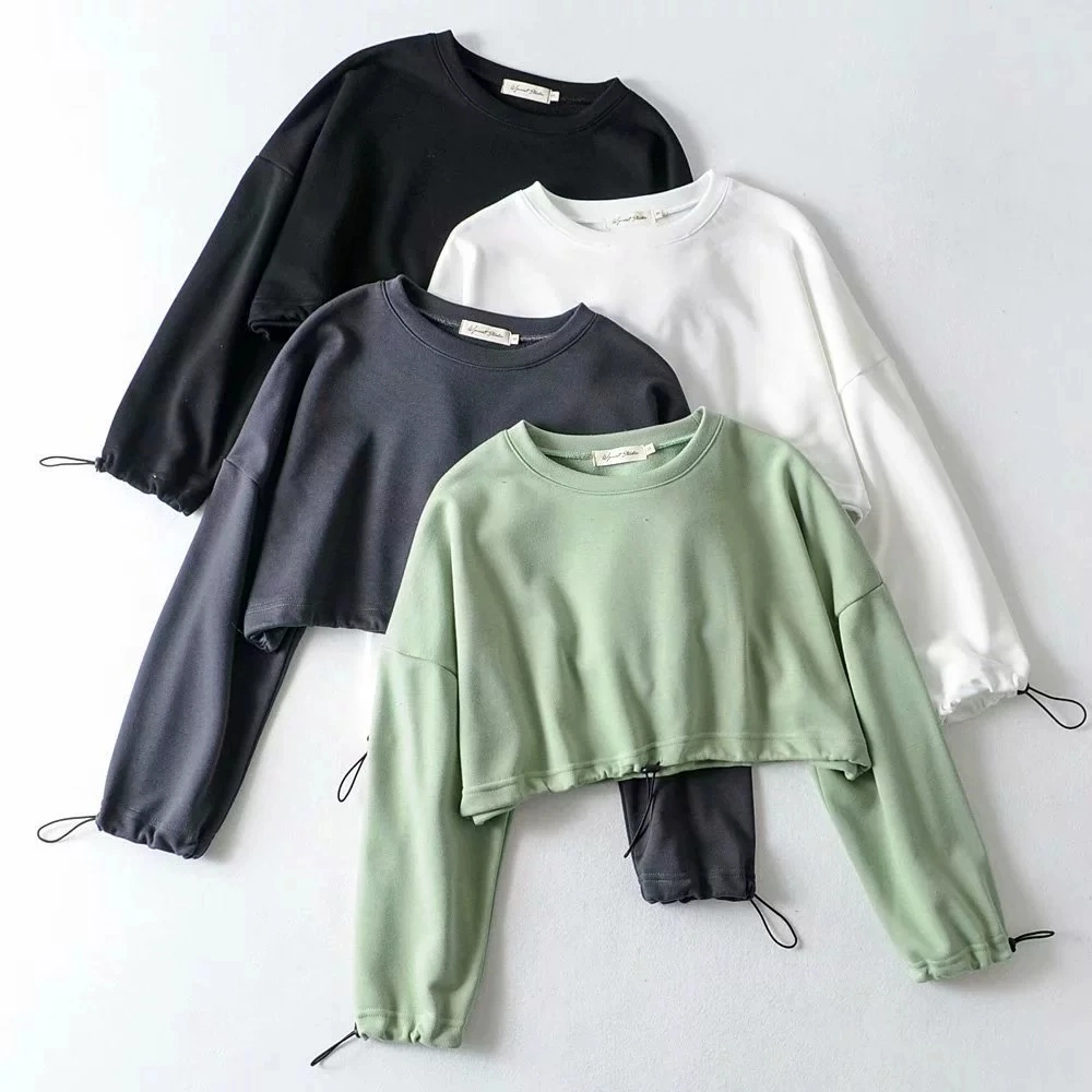 OEM Sportswear Solid Plain Longsleeve Pullover Women Spring Summer Crop Top Cotton Custom Printed Hoodies OEM for Women