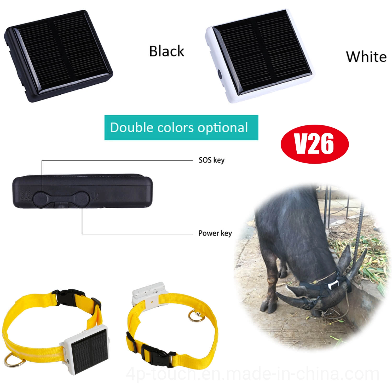 Última calidad 2G GSM de resistencia al agua IP67 de la seguridad de los animales de ganado vacuno ovino GPS Tracker GPS de seguimiento de carga con Energía Solar V26