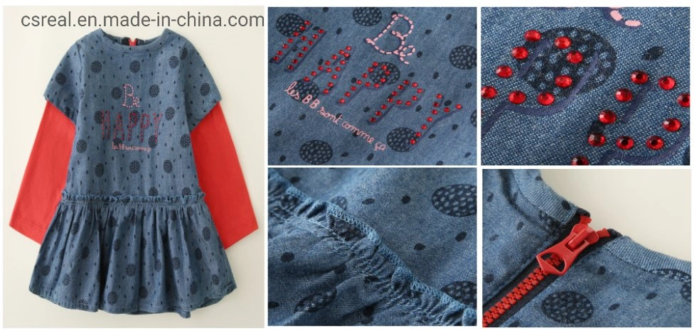 Kinder schöne Kleidung Mädchen Denim Gewebtes Kleid und rote Baumwolle Ärmel mit Reißverschluss hinten