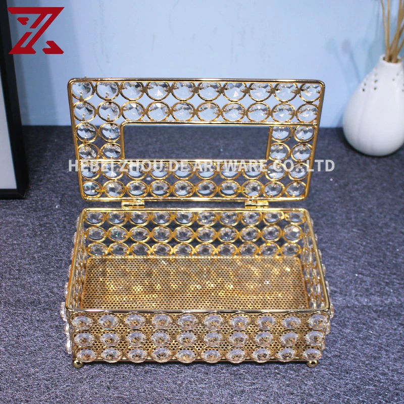 Wholesale/Supplier Gold Metal Paper Box Luxury Open Cover Design Crystal Tissue Box for Home Decor