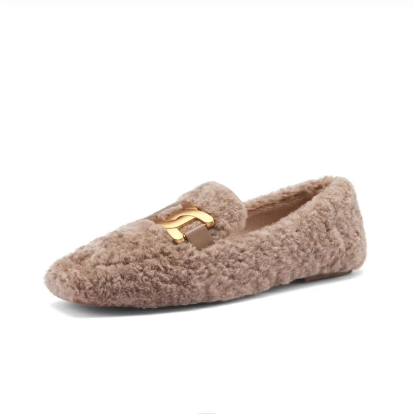 Warm Beige Wool Female Shoe Metal Chain Fake Lamb Fur Flat Winter Women Loafer