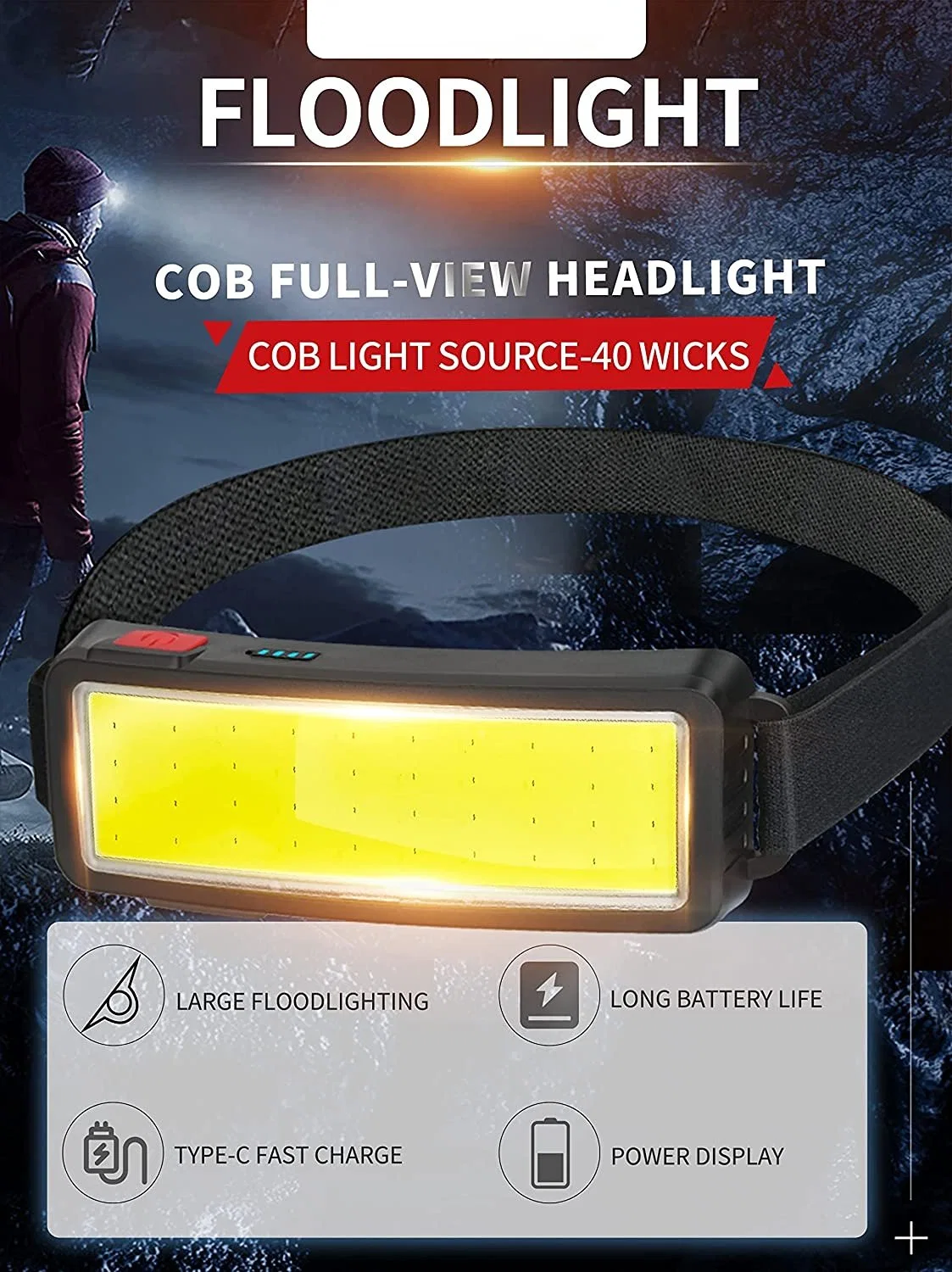 Portable COB Head Front Light Waterproof for Fishing Hiking Running Wide Beam 1200mAh Rechargeable USB LED Headlight Headlamp