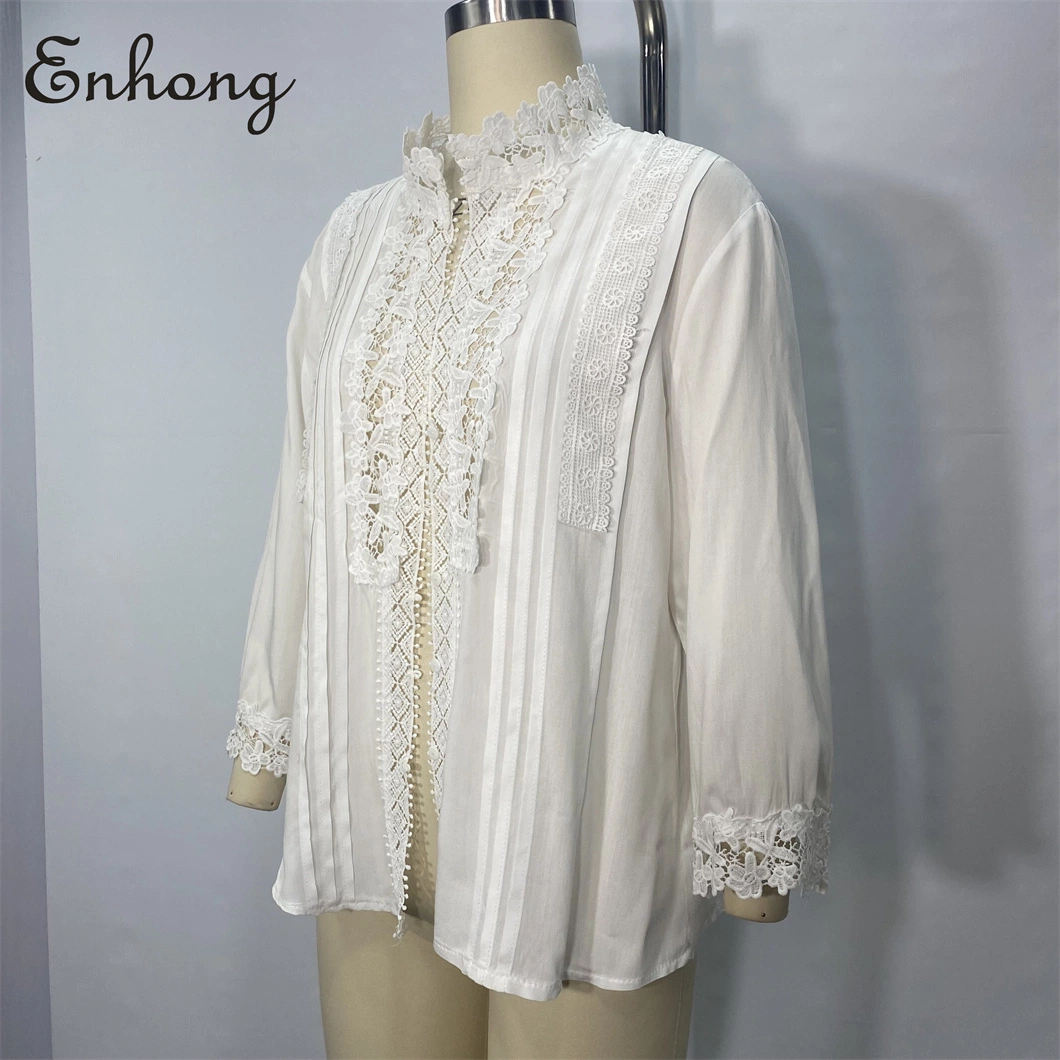 Wholesale/Supplier White Office Ladies Stand Collar Tops Lace Ruffle Long Sleeve Blouse Shirt