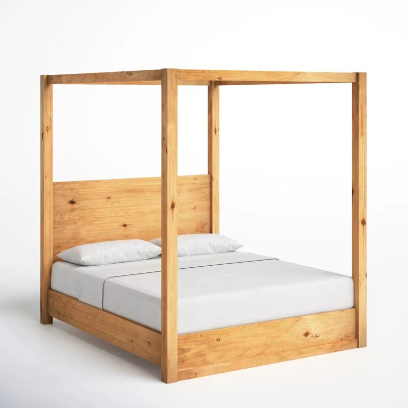 Estilo chino moderno Nordic Lápiz Natural Muebles de dormitorio cama Post Marco de cama con dosel de madera