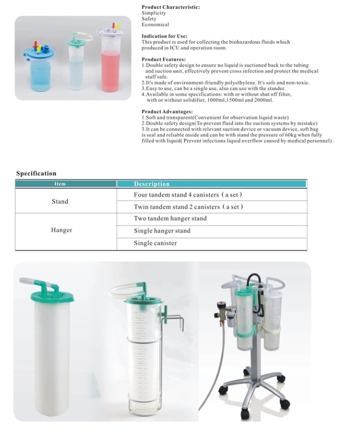 L'hôpital 1000ml 1500ml 2000ml ICU médicaux jetables chemise d'aspiration