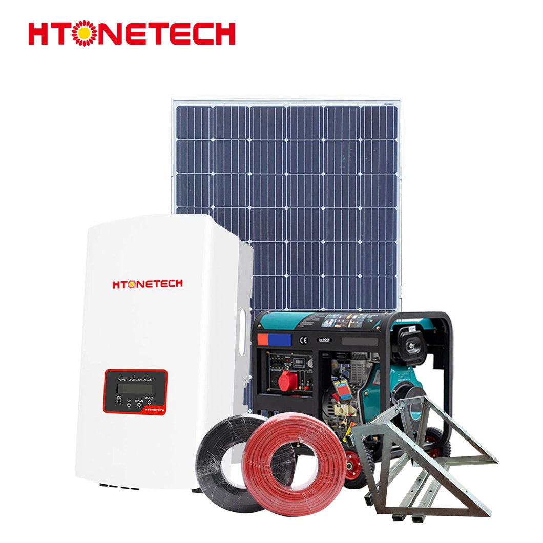 Htonetech Monocrystalline Flexible Full Black Solar Panel Solar Inverter off Grid China 20kw Solar Power System with 20kVA Diesel Generator Super Silent