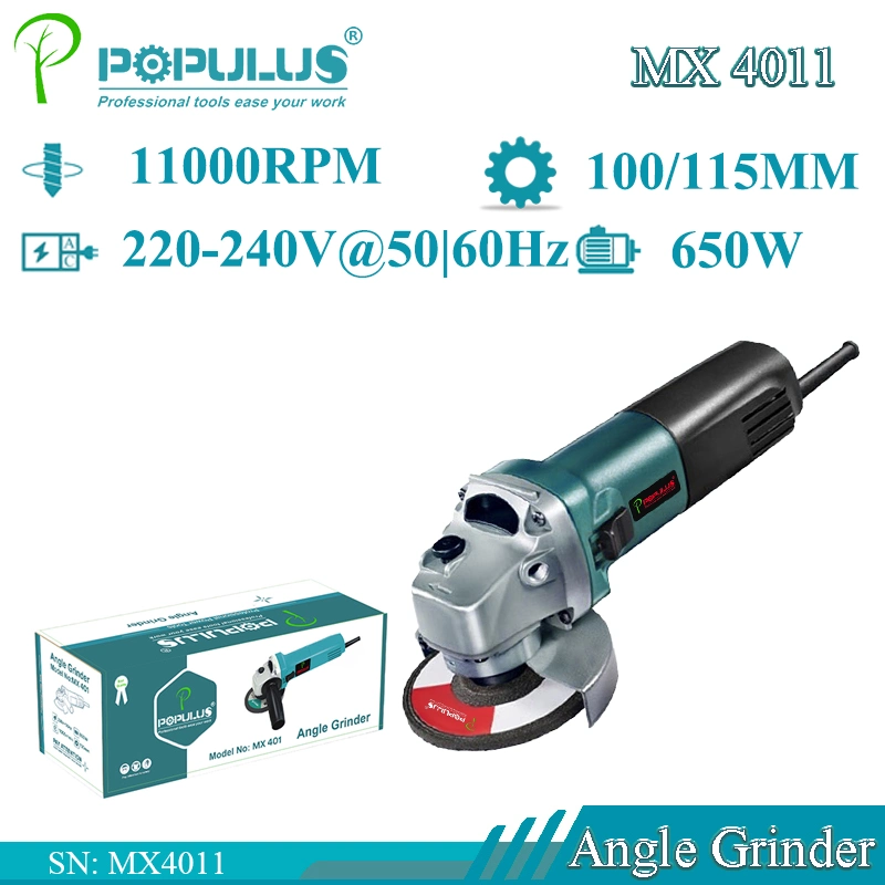 Ferramentas elétricas de ângulo de qualidade industrial Populus New Arrival de 650 W/11 000 rpm Rebarbadora angular de 100/115 mm para o mercado indiano
