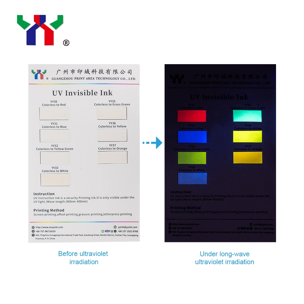 Excelente qualidade Segurança de tinta deslocamento UV invisível para papel de segurança, incolor a vermelho Mostrar cor sob a lâmpada UV, 1 kg/lata
