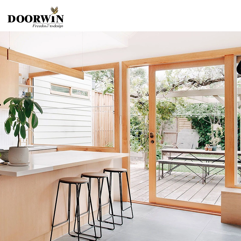 Doorwin moderno Sliding Patio Puertas exterior Roble de madera 3 Panel Vidrio deslizante con persianas integradas Entrada de vidrio sólido Puerta de madera