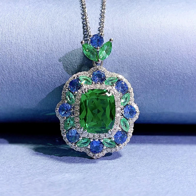 DiamondX Green Tourmaline Colorful CZ Cluster Setting Pendant Necklace