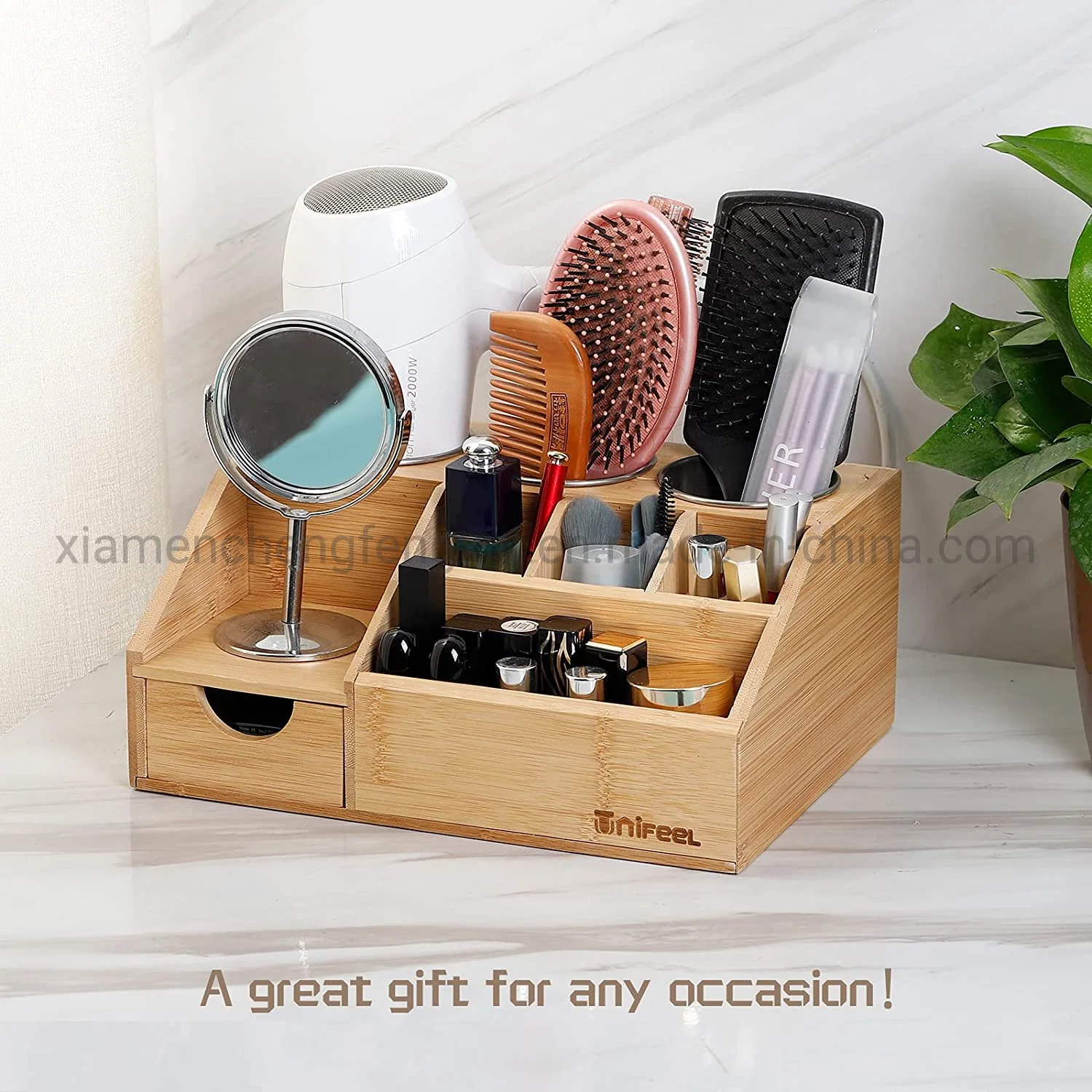 Hair Tool Organizer - Bamboo Blow Dryer Holder Holds All Hot Styling Tools, Brush and Vanity Accessories - Countertop Curling Iron Holder