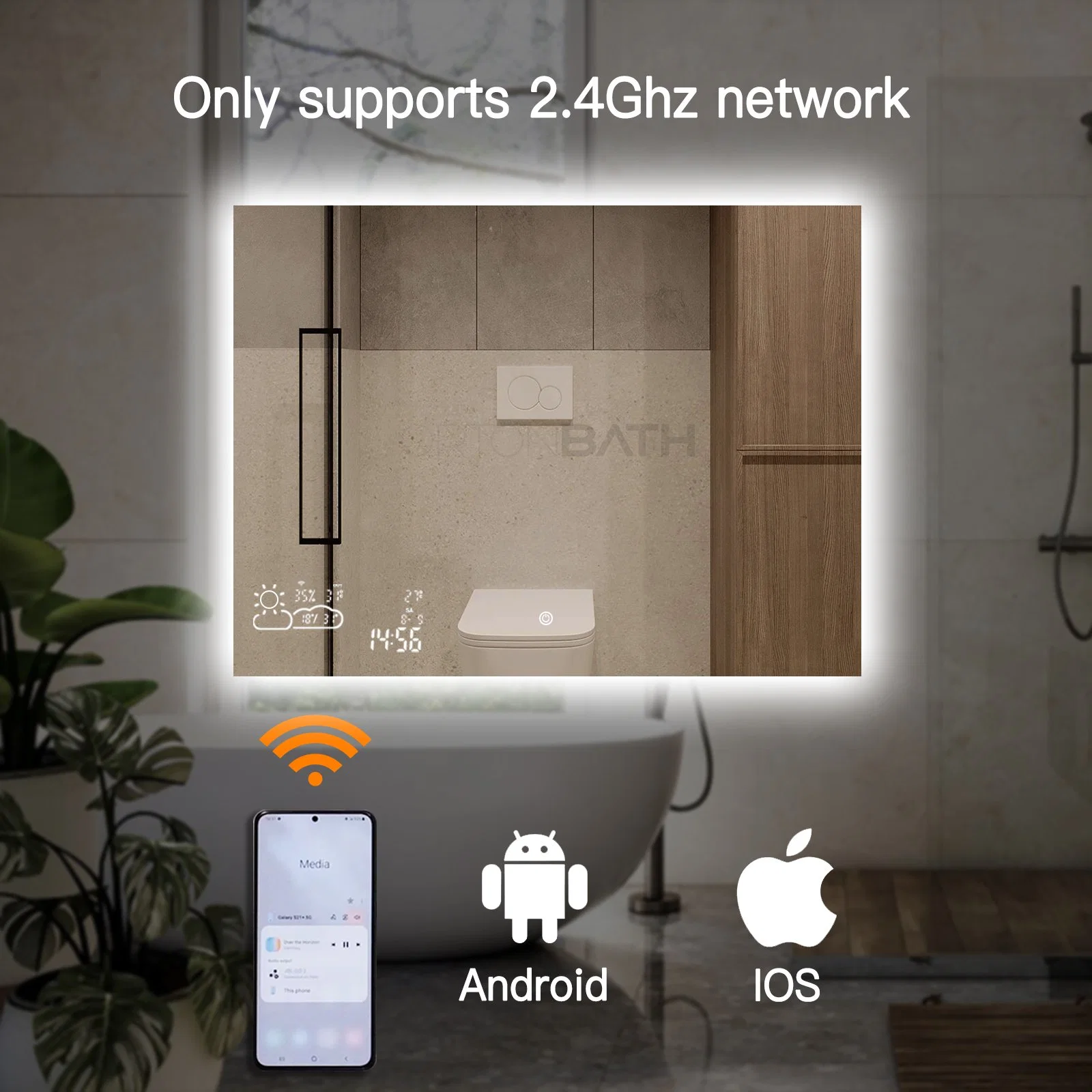 Ortonbat Cuarto de baño pared LED espejo de vanidad sin marco rectangular inteligente Espejo con interruptor táctil Anti-niebla tres Clolor Dimming Bluetooth