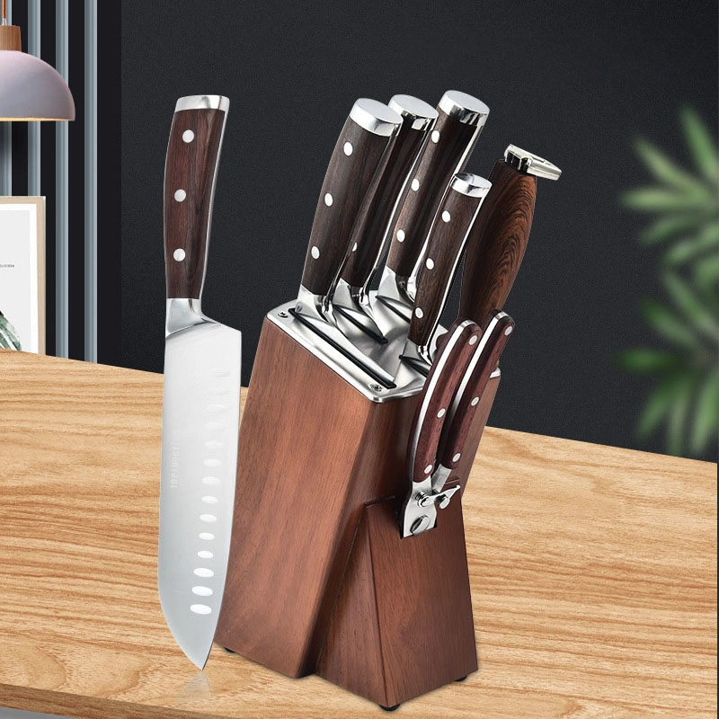Kitchen Knife Set with Wooden Base Stainless Steel Scissors Household Seven-Piece Set