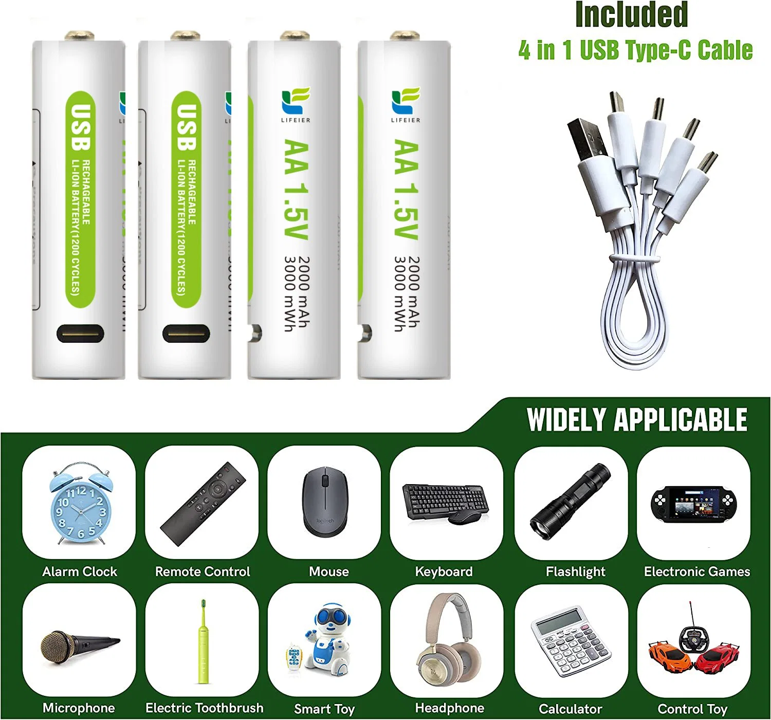 White USB Rechargeable AA Battery, Li-ion 1.5V 2000 mAh, Over 1000 Cycles, 4-in-1