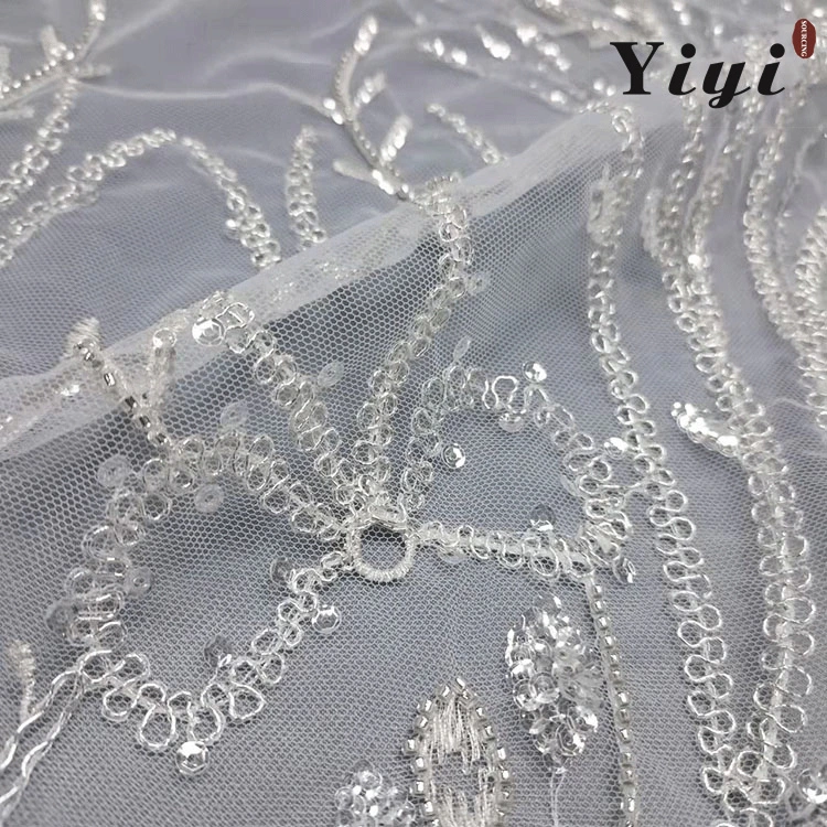 New Custom Designgradient Row 3D Solid Color Beads Mesh Embroidery Lace Tulle Fabric