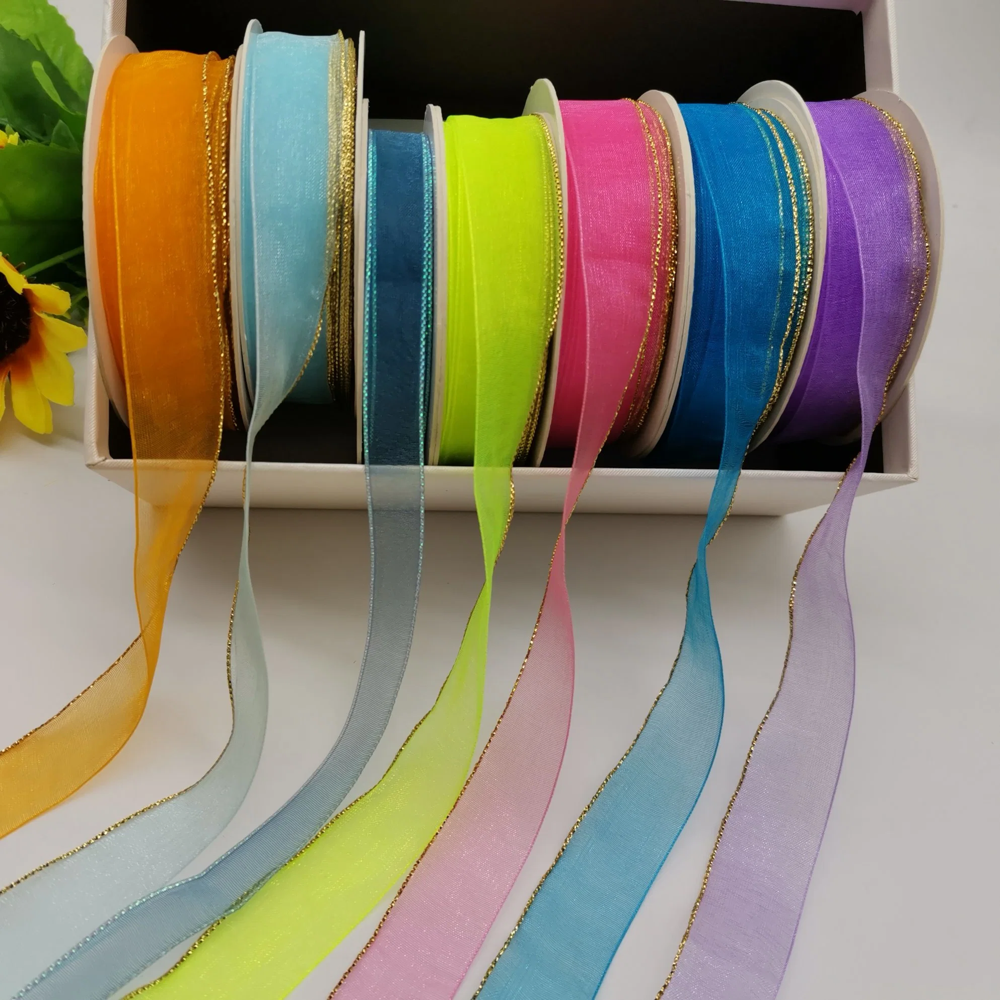 Organza Ribbon 100% Nylon with Gold/Silver Lines for Wrapping/Bows/Flowers/Fashion/Christmas