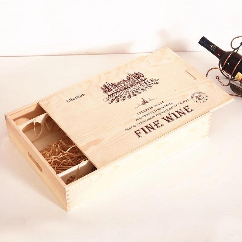 Six Bottle Wood Wine Box with Pull-Cover Wooden Wine Gift Box 38X27X16cm