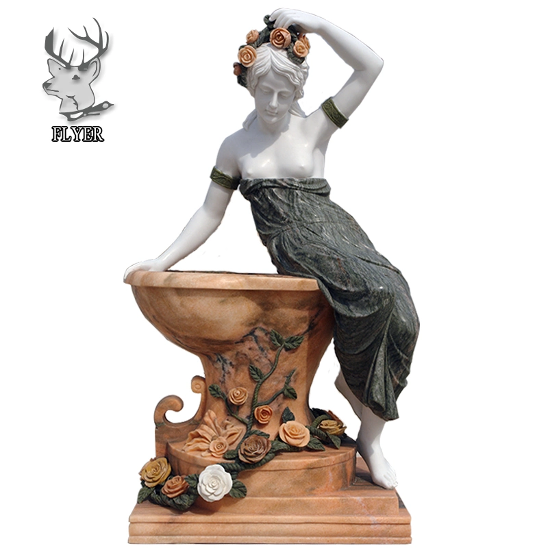 Garden Stone Furniture Hand Carving Natural Solid Marble Flowerpot with Lady Statues