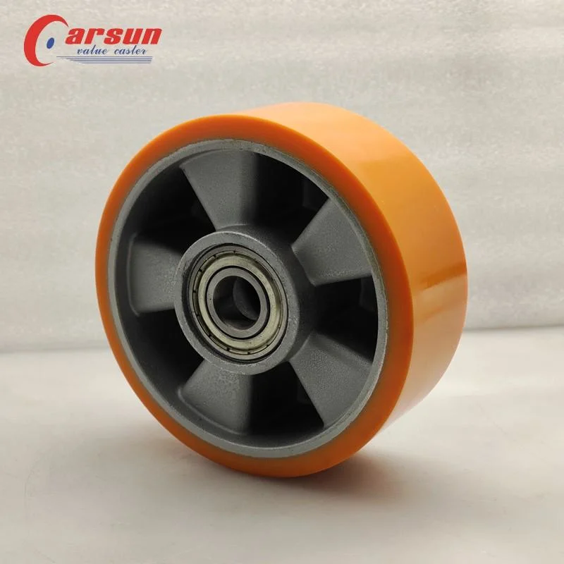 Yellow 5 Inch Double Ball Bearing Wheel Trolley Wheel Aluminium Core PU Industrial Heavy Duty Caster Wheels