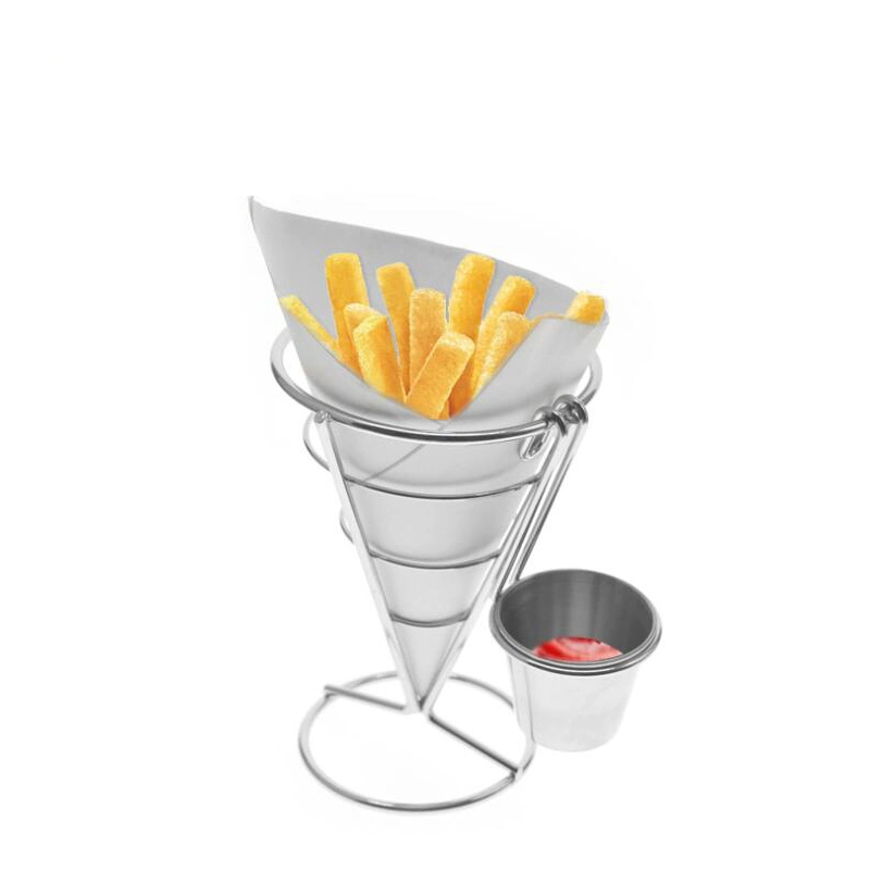 Le cône Snack de présentoir Frites Stand titulaire, le Cône métal Panier en fil pour les aliments Poisson Frites Chips Oignon avec sauce porte-gobelet12292 ESG en rack