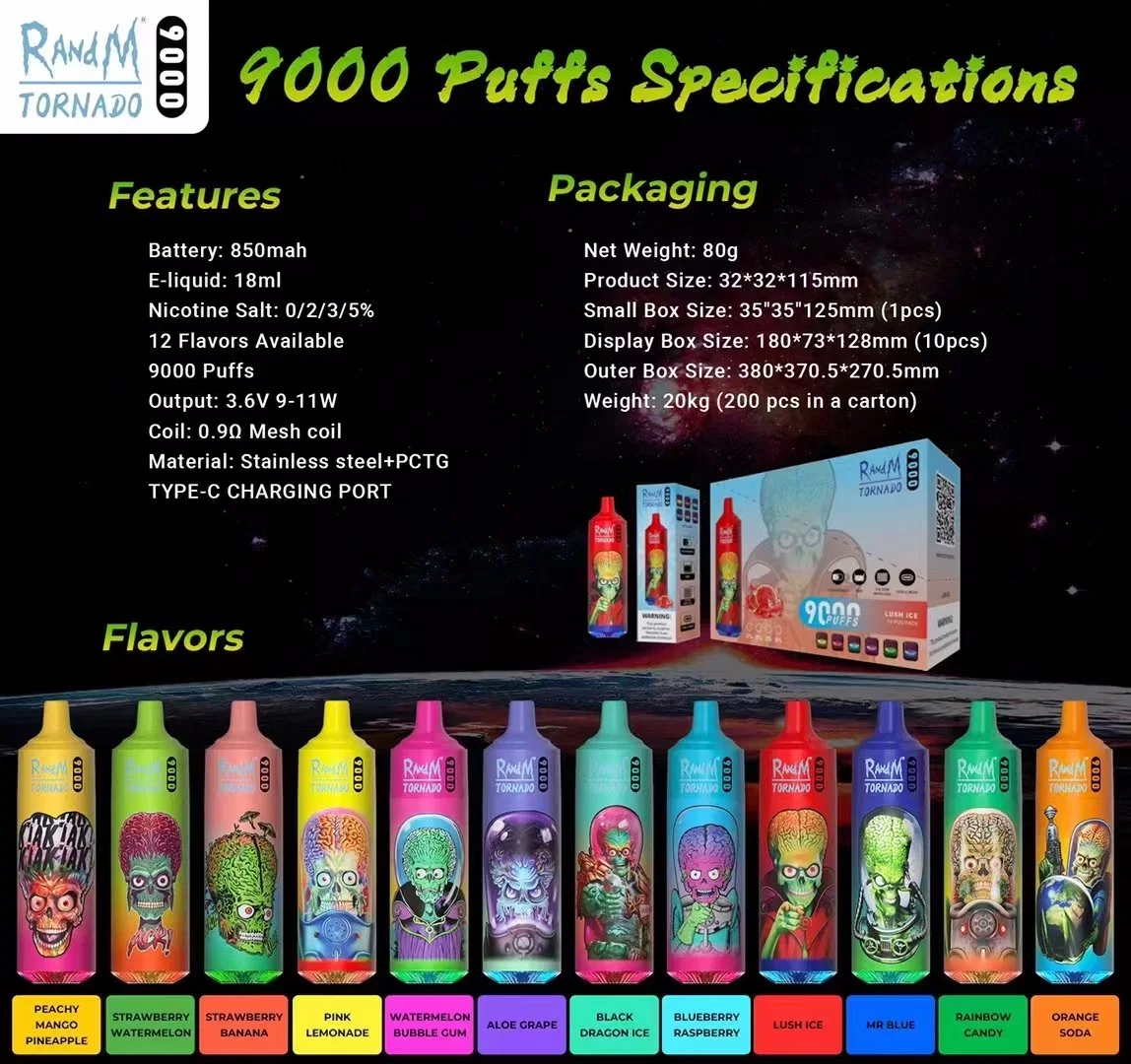 2023 Nueva venta en caliente recargable VAPE lápiz desechable vape VAPE Randm Tornado 9000 Puffs Hookah Cargador