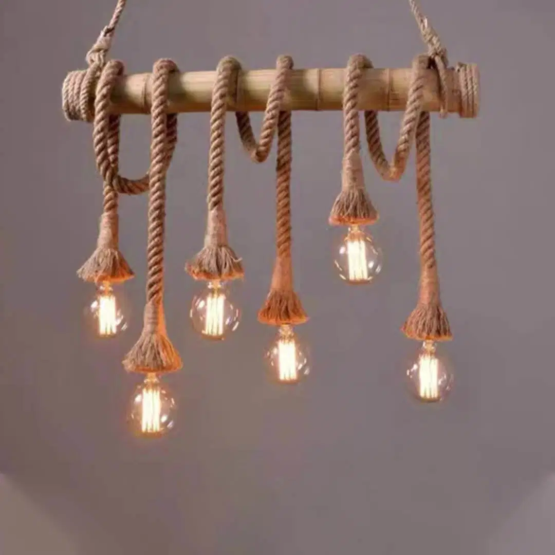 6 Heads Hemp Rope Pendant Light Vintage Bamboo Rustic Industrial Hanging Lamp